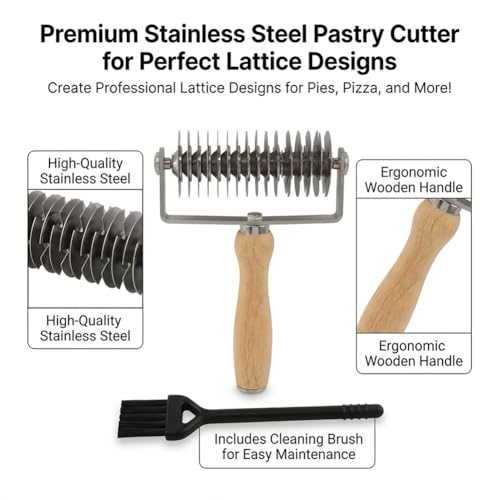 Pastry Lattice Roller Cutter 304 Stainless Steel, Wood Handle for Pie Pizza