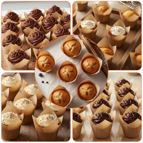 300 Pcs Natural Tulip Cupcake Liners, Premium Muffin Liners Holders for Baking Cups,Jumbo Muffin Liner, Greaseproof Tulip Cupcake Wrappers for Weddings, Party, Christmas, Valentines
