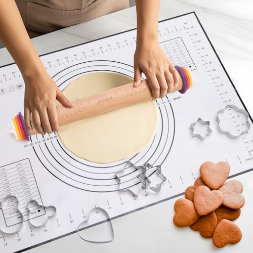 13.6" Adjustable Wooden Rolling Pin with 4 Thickness Rings & Cookie Molds - color: Natural Wood