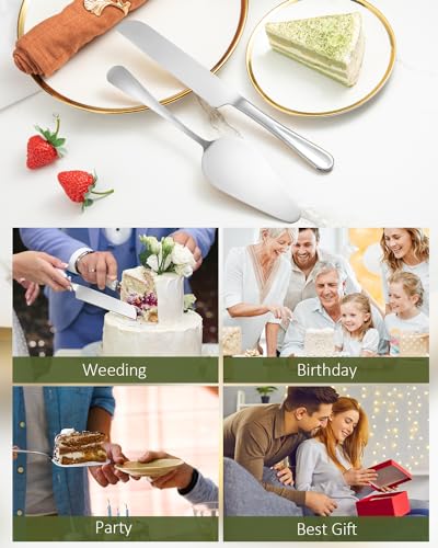 2-Piece Premium Cake Cutting Set, Exquisite Knife and Server with Serrated Design, Includes Cake Knife and Pie Spatula for Pastry, Pizza and Desserts (Silver) - color: Silver