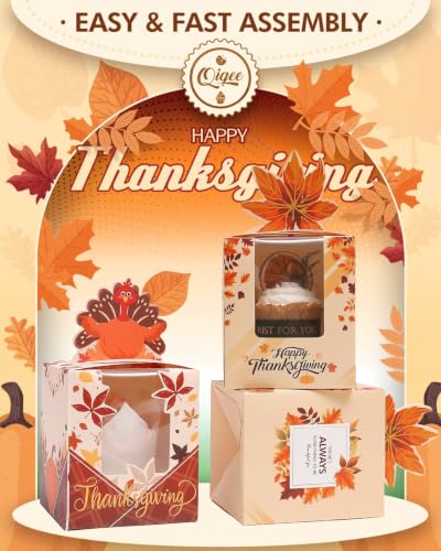 qiqee Thanksgiving Individual Cupcake Boxes Cupcake Holders Disposable 60pcs Single Cupcake Boxes with Window 3.7"x3.7"x4.5" Cupcake Containers For Thanksgiving - color: Thanksgiving, size: 60Pcs, One Holder