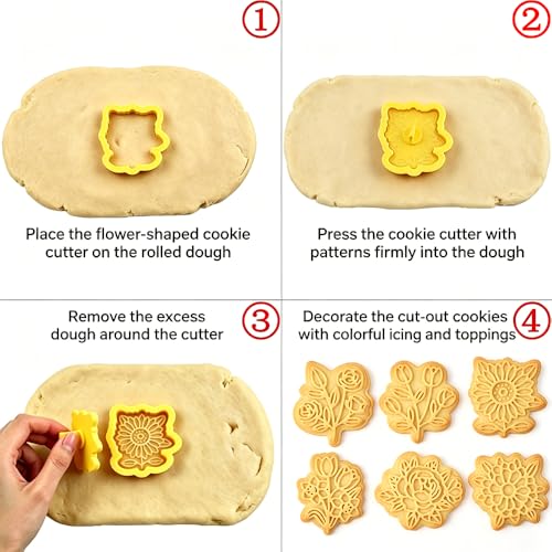 6Pcs Die-cutting Flower Cookie Cutter Sets Multiple Shapes Rose Sunflower Daisy Tulip Cookie Cutters with Stamp Floral Fondant Cutters Plastic Cookies Molds for Baking Spring Summer Cookies Cutters