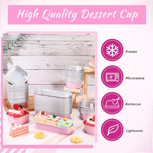 Rtteri 150 Pcs Mini Cake Pans with Lid Disposable Ramekins 6.8oz 5oz, Pink - color: Pink