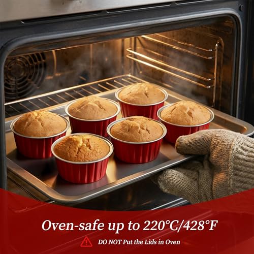 100-Pack 5 oz Red Mini Cake Pans with Lids, Disposable Aluminum Foil Baking Cups, Muffin Tins, Ramekins for Cupcakes, Brownies, Flan, Pudding - Christmas, Valentine‘s, Birthday Party Supplies - color: Red