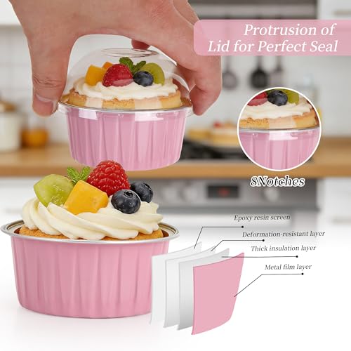 100-Pack 5 oz Pink Mini Cake Pans with Lids, Disposable Aluminum Foil Baking Cups, Muffin Tins, Ramekins for Cupcakes, Brownies, Flan, Pudding - Wedding, Birthday,Baby Shower, Princess Party - color: Pink