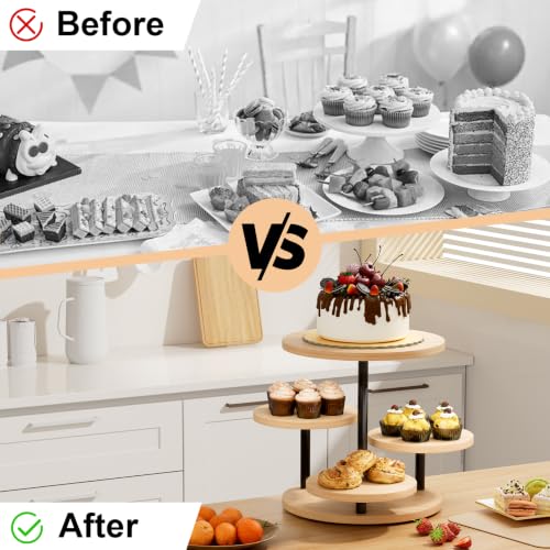Cake Stand for 50 Cupcakes 360°Rotating Wooden Cupcake Display Stand Round Cookie Stands 4 Tiered Tray Stand for Parties Birthday Wedding Baby Shower Afternoon Tea Dessert Table, Oak - color: Oak