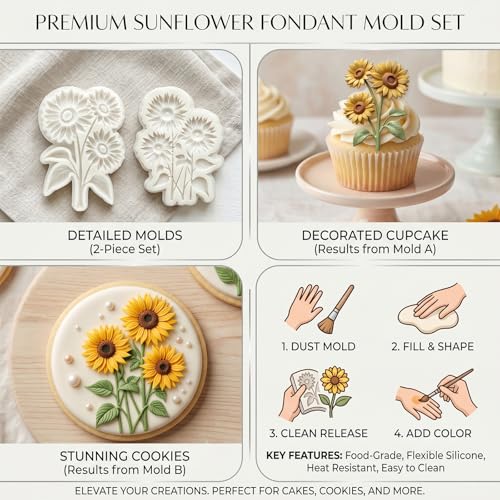 2 Pcs Sunflower Silicone Fondant Molds for Cupcake Toppers, Candy - color: Sunflower silicone mold