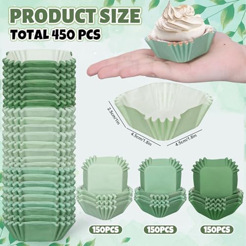 Whaline 450Pcs Gradient Sage Green Mini Square Cupcake Liners Light Dark Green Cupcake Muffin Baking Cup Wrappers for Wedding Bridal Baby Shower Birthday Party Decor - style: Gradient Green