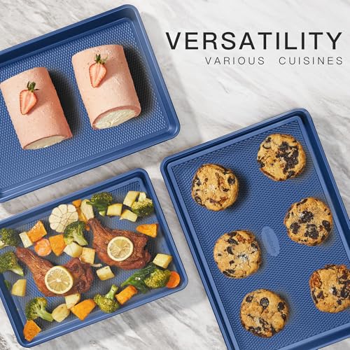 HONGBAKE Baking Sheet Pan Set, Cookie Sheets for Oven, Nonstick Half/Quarter/Jelly Roll Pans with Diamond Texture Pattern, Heavy Duty Cookie Tray, Dark Blue - color: Sapphire Blue (Carbon Steel)
