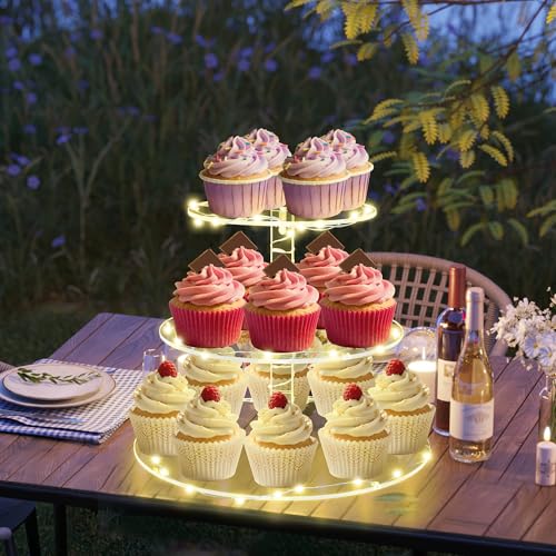 Round Cupcake Stand with Yellow Lights, 3 Tier Cupcake Tower for Party - color: Yellow Light, size: 3 Tier Round