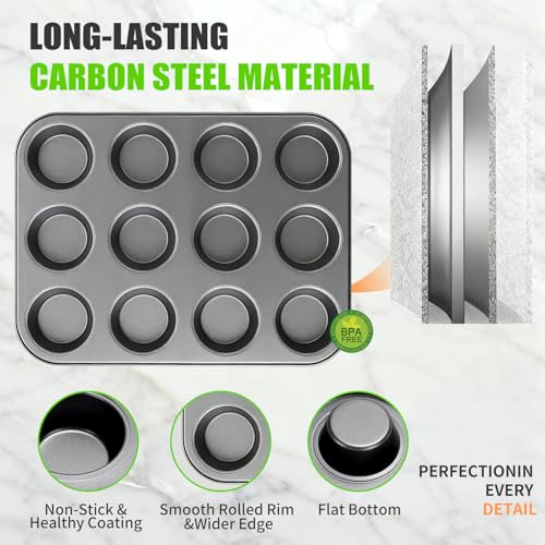 Muffin Pan for Baking, Nonstick Cupcake Tin 12 Cup, 2 Pack Cup Cake Tray, Premium Cheesecake Pans, Dishwasher Safe- Carbon Steel - color: 2pc- Carbon Steel