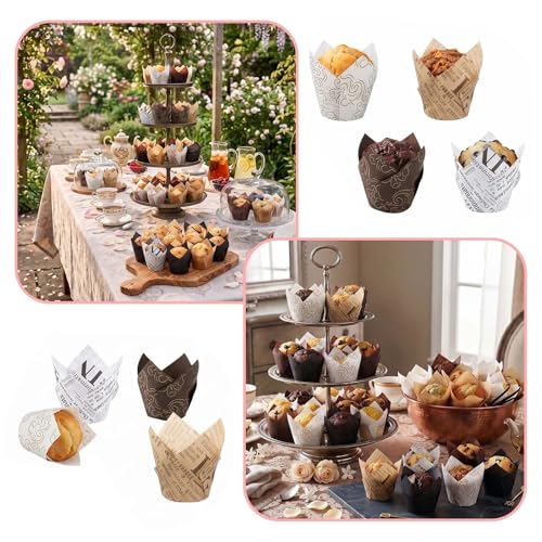 200 Pcs Newspaper Tulip Cupcake Liners for Baking, Newspaper and Stripe - color: Mix Color 2