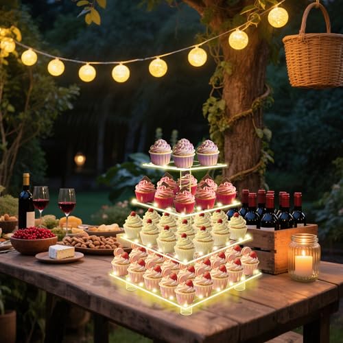 Cupcake Stand 4 Tier Acrylic Cupcake Tower with Yellow LED String Lights - color: Yellow Light, size: 4 Tier