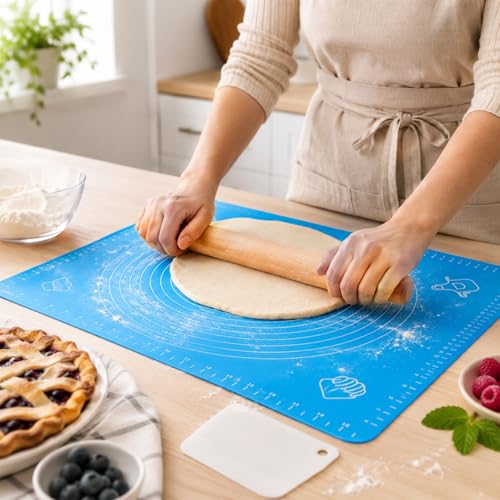 Silicone Baking Mat for Rolling Dough, Non Stick Pastry Mat with Measurements, Anti Slip Kitchen Counter Cover for Kneading, Pie Crust, Pizza and Cake, Blue