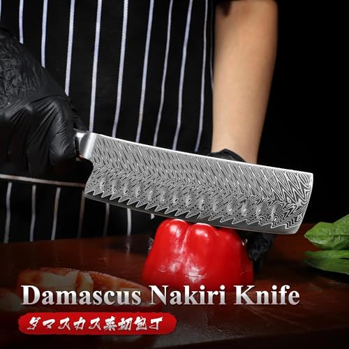 Dragon Creek Damascus Nakiri Knife - Meat Vegetable Cutting - color: Oak