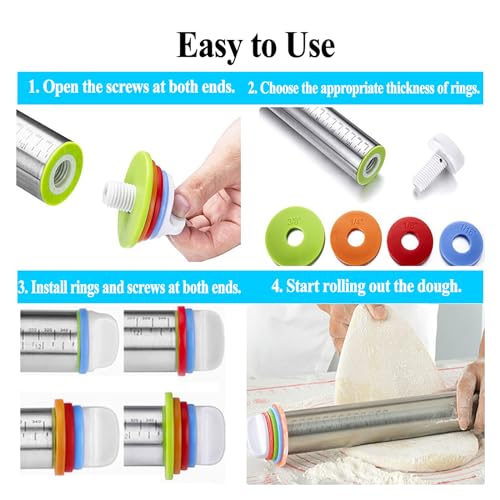17" Stainless Steel Adjustable Rolling Pin with 4 Sets Thickness Rings, Dough Roller Pin for Pizzas, Pies, Biscuits, Dumplings, Pasta - Easy to Clean