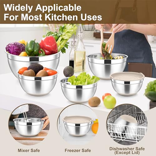 TeamFar Mixing Bowls, Stainless Steel Salad Bowl with Lid & Graters -Khaki - color: Khaki
