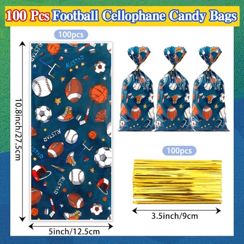 100 Pcs Sport Party Treat Bags Football Cellophane Bags Basketball Candy Bags with Gold Twist Ties Football Goodie Bags Gift Bags Party Favors Bags for Birthday Soccer Party Supplies Decorations - color: Sport Party