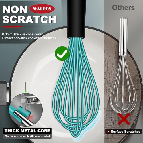 Walfos Silicone whisk,Whisks for Cooking Non Scratch, BPA Free whisk set of 4, 7+9+11in Balloon Whisks & 11in Flat Whisk, Heat Resistant(480°F).Great for Cooking in Pans, Baking, Whisking.Blue - color: 4pcs Blue; 7+9+11in & 11in（flat）