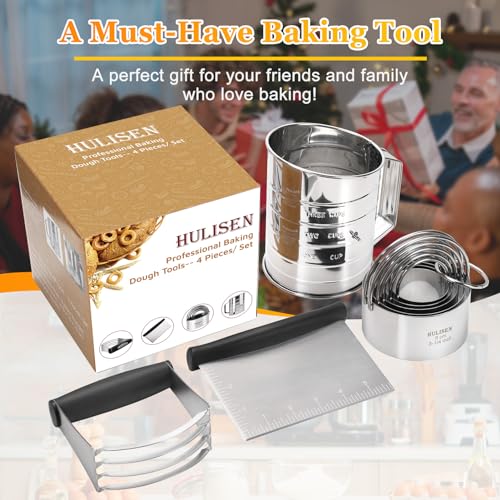 HULISEN 5-Pc Biscuit Cutters, Flour Sifter, Pastry Scraper, Dough Blender - size: 4 Pcs Pastry Cutter Set with 3 Cup Flour Sifter