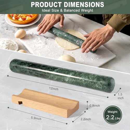 Natural Marble Rolling Pin for Baking, 12inch French Heavy Dough Roller - color: 12"x1.5"-Green