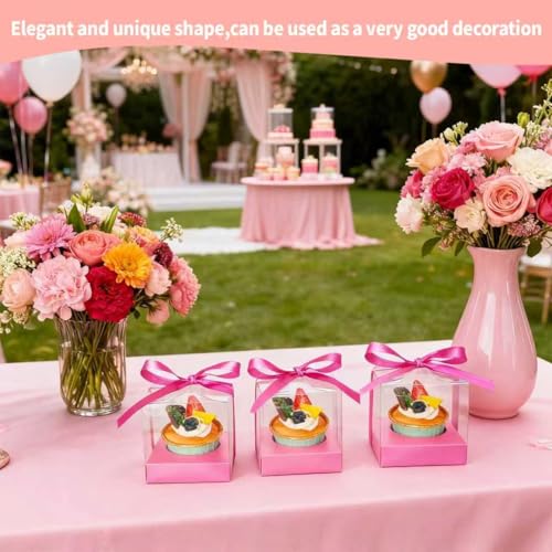12Pcs 3.5inch Individual Cupcake Boxes with Ribbon, Clear Single Cupcake Containers (hot pink) - color: hot pink, size: 12pcs