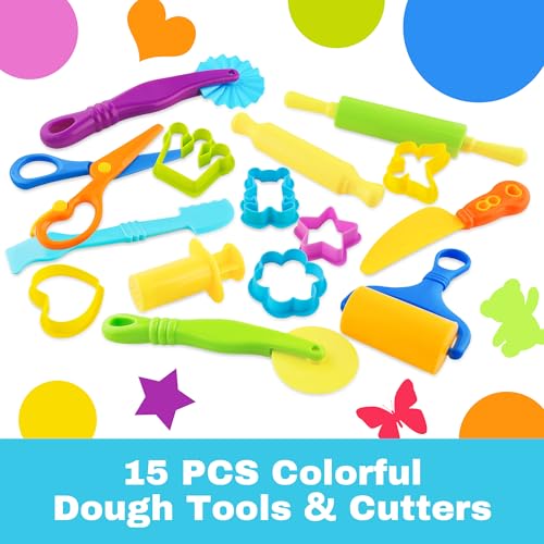 LanMa 15 Pcs Dough Tools Set for Kids, Plastic Play Clay Accessories Kit with Rolling Pins, Cutters, Molds and Safety Scissors - color: cute
