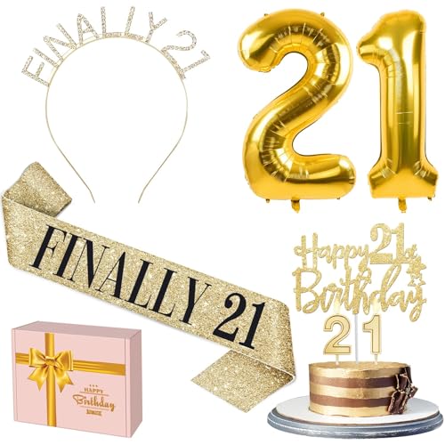 21st Birthday Decorations for Her Include 21st Birthday Sash and Rhinestone Finally 21 Headband, Candles and Cake Topper, 21 Year Old Gifts for Her - style: TJ21