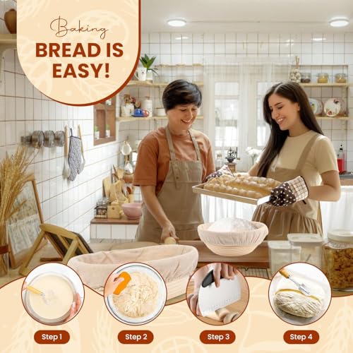 Sourdough Starter Kit of 9-Inch Round and 10-Inch Oval Banetton Proofing Baskets Complete Sourdough Bread Baking Supplies, Bread Lame + Dough Wisk + Stainless Steel Dough Scrapers + Cleaning Brush - style: Sourdough Kit