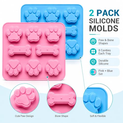 2 Pcs Dog Treat Molds Silicone with Puppy Dog Paw and Bone Shaped 2 in 1，Easy Release – Non-Stick Molds for Homemade Dog Treats, Pudding, Peanut Butter & Baking Biscuits - color: 2pc-Bone & Paw Shapes