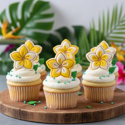 BAKERLOGY Frangipani Mini Cookie Cutter and Stamp Set – Plumeria Flower Biscuit Fondant Embosser for Tropical Hawaiian Baking, Summer Luau Party Cupcake Decoration