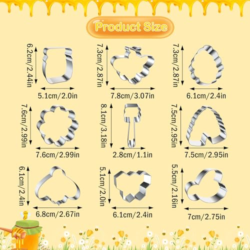 9 PCS Bee Cookie Cutters Set, Stainless Steel Honeycomb Honey Jar Flower Shaped Cookie Cutter Honeybee Biscuit Cutters Molds Baking Molds for DIY Crafts Spring Bee Party Homemade Treats Baking - color: Bee
