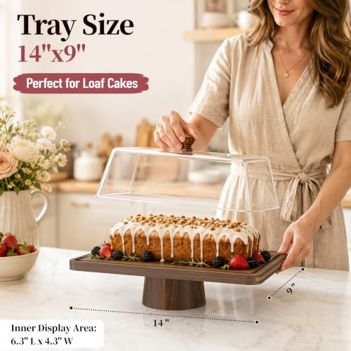 Medium 14" Acacia Wood Cake Stand with Square Lid, 2-in-1 Rectangular Dessert Table Display Set & Charcuterie Board, Shatterproof Acrylic Cover Serving Tray, Cupcake Stand - size: 14" Acacia Cake Stand