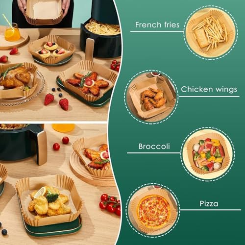Square Liners 100 Count Food-Grade BPA Free Air Fryer Paper for 5 to 8 inch Oil-Free Fryers - Healthy Cooking I Heat Resistance Air Fryer, Baking, Roasting Microwave (Style B) - size: Style B