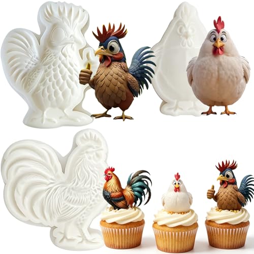 3Pcs Chicken Rooster Silicone Molds, 3D Farm Animal Fondant Molds - color: Chicken silicone mold