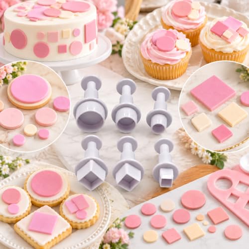 6 PCS Fondant Cutters, Small Round & Square Plunger Cookie Cutter Set - color: Square + Round