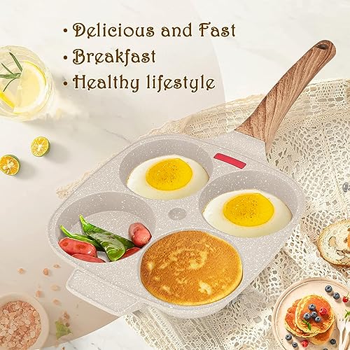 Egg Pan, Egg Frying Pan with Lid Nonstick 4 Cups Pancake Pan Fried Egg Pan for Breakfast, Gas Stove & Induction Compatible (White) - color: White, size: + lid