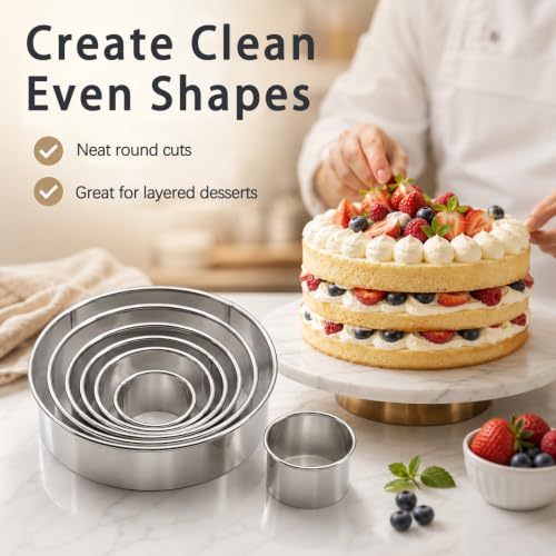 6-Piece Stainless Steel Round Cookie Cutter Set, Circle Baking Cutters for Cookies, Pastries, Donuts and Sandwiches