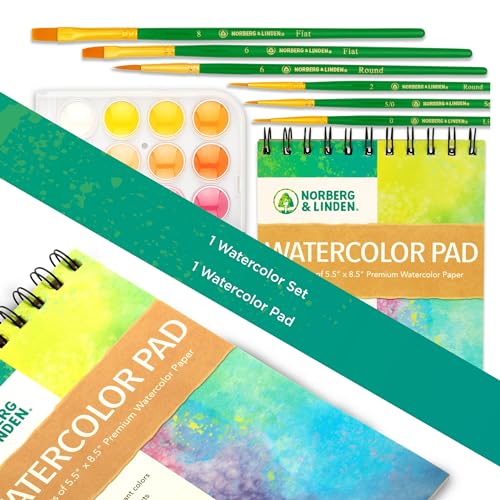 Norberg & Linden Watercolor Paint Set - 36 Premium Paints - 12 Page Pad - 6 Brushes - Painting Supplies with Palette, Watercolors, Art Pad Paper and Artist Brushes