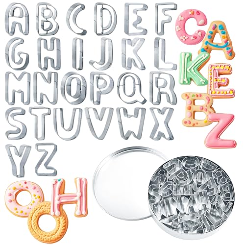 ofone Small Alphabet Cookie Cutters(A - Z), 26 Pcs Stainless Steel Fondant Letter Cutters Set, Mini Metal Biscuit Cutter Shapes for Baking Cakes Pastry Polymer Clay Fruits - color: Letter Cookie Cutter Set