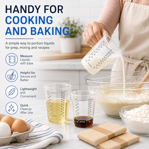 Taeku Plastic Measuring Cups with Mixing Sticks, 8 oz Clear Cup, 100 Pack