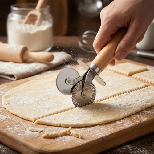 Oruola Pasta Wheel Cutter, Double Fluted Pastry Cutter Wheel,Double-Blade Ravioli Cutters,Stainless Steel Double Roller Dough Cutters with Wooden Handle for Pizza,Ravioli,Cookies