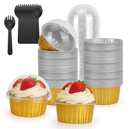 100-Pack 5 oz Gold Mini Cake Pans with Lids, Disposable Aluminum Foil Baking Cups, Muffin Tins, Ramekins for Cupcakes, Brownies, Flan, Pudding - for Wedding, Anniversary, Birthday Parties - color: Gold