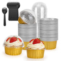 100-Pack 5 oz Gold Mini Cake Pans with Lids, Disposable Aluminum Foil Baking Cups, Muffin Tins, Ramekins for Cupcakes, Brownies, Flan, Pudding - for Wedding, Anniversary, Birthday Parties - color: Gold