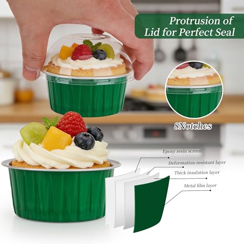 100-Pack 5 oz Green Mini Cake Pans with Lids, Disposable Aluminum Foil Baking Cups, Muffin Tins, Ramekins for Cupcakes, Brownies, Pudding - Festive for St Patricks Day, Birthday Party Supplies - color: Green