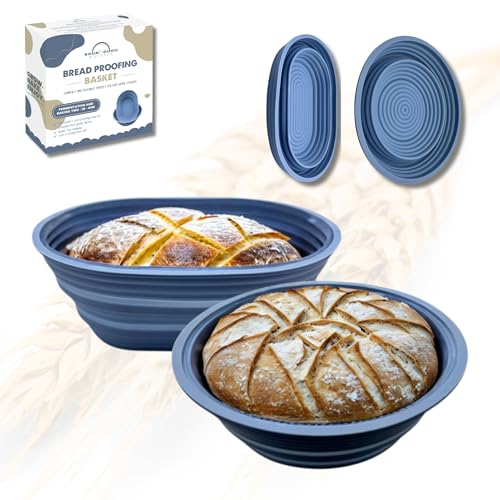 Premium Foldable Silicone Sourdough Banneton Basket | Bread Proofing & Baking Basket Set - Includes Oval & Round Bowls (9.5 Inch) - Oven & Dishwasher Safe, Gifts for Bakers - Blue - color: Blue