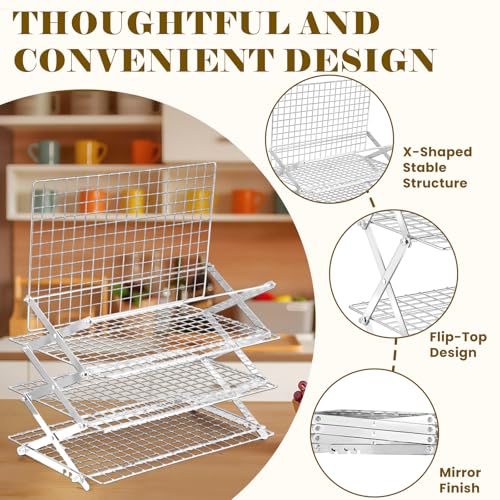 BEWOS 4 Tier Collapsible Cooling Rack - Adjustable Stainless Steel Baking Rack with Leak-Proof Mesh, X-Shaped Structure Cooling Rack for Cooking and Baking, Dishwasher Safe - color: Silver, size: 4 Tier