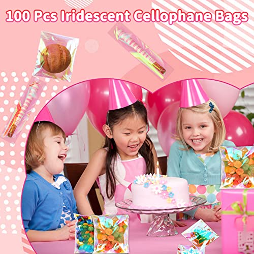 Cookie Bags with Seal 100 Pcs 5x6 In Iridescent Holographic Self Sealing Cellophane Treat Bags Pink Resealable Individual Cookie Bag for Gift Giving Valentine Candy Packaging Goodie Wrappers - color: pink 100, size: 5"x6"