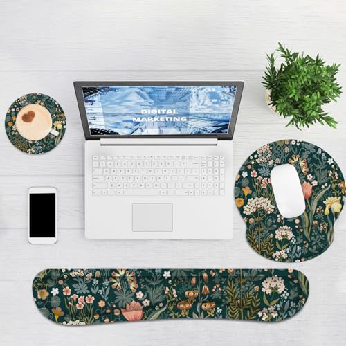 Ergonomic Mouse Pad with Wrist Rest and Keyboard Wrist Rest, Mousepad - color: Green Flowers