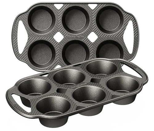 HONGBAKE Everline Collection Cast Iron Muffin Pans, Non toxic Uncoated 6-Cup Muffin Tins, Non-Stick Pre-Seasoned Cupcake Tray Pan Set for Baking, Oven & Stovetop Safe, Standard Size, 2 Pack